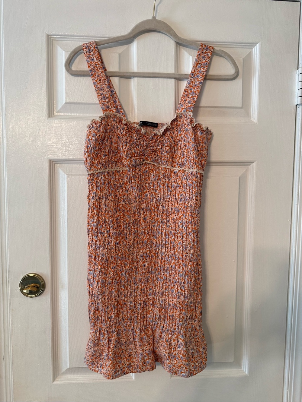 Zara Orange Floral Smocked Mini Dress